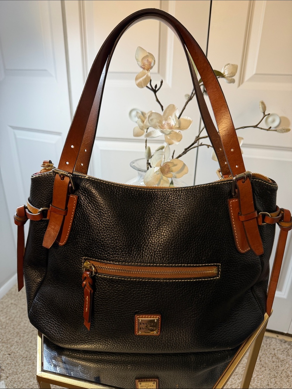 Dooney & Bourke Black Pebbled Leather Shoulder Bag with Brown Trim